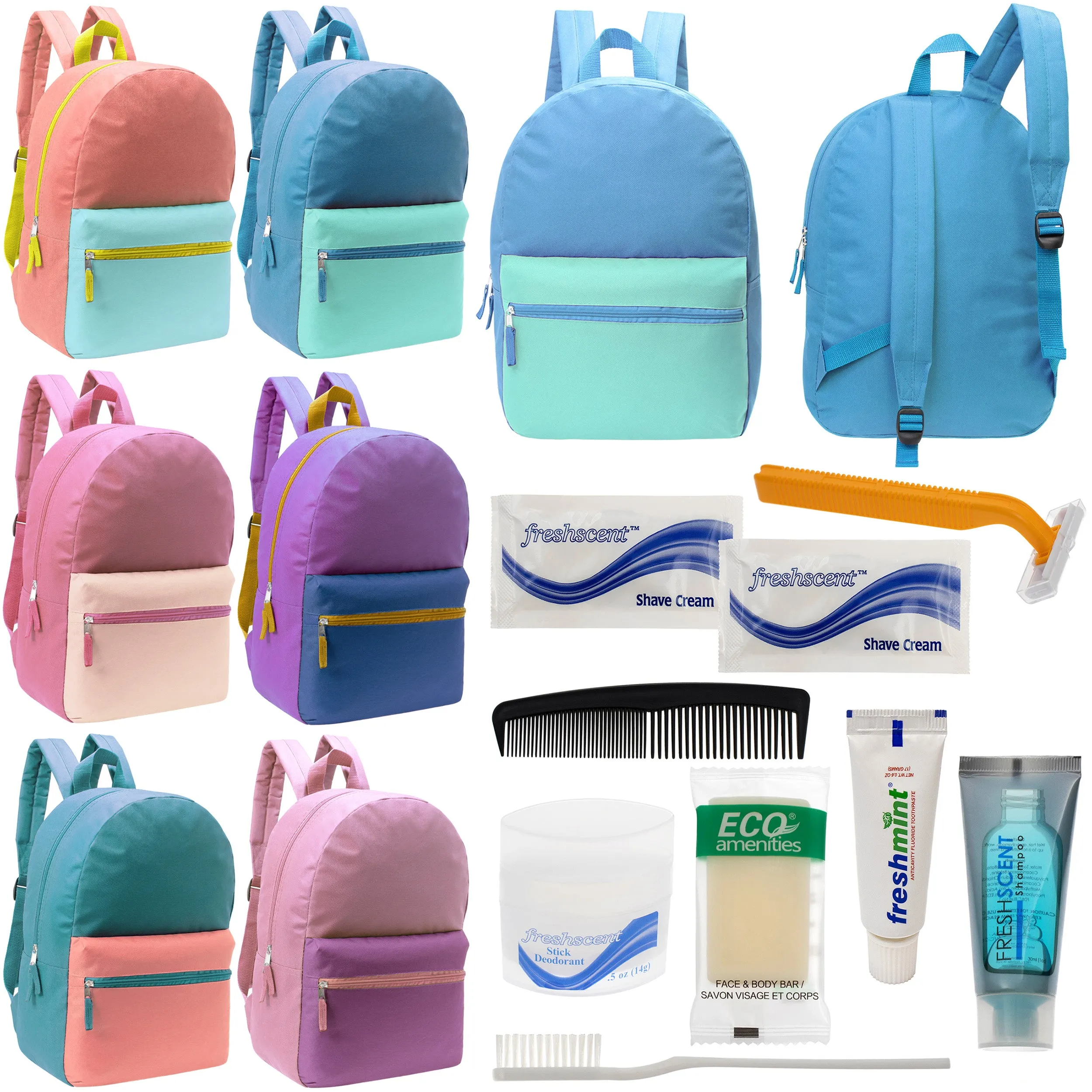 12 17" Two Tone Backpacks in 6 Color Combinations & Your Choice of 12 Bulk Hygiene Kits - Wholesale Care Package: Homeless, Emergency, Charity