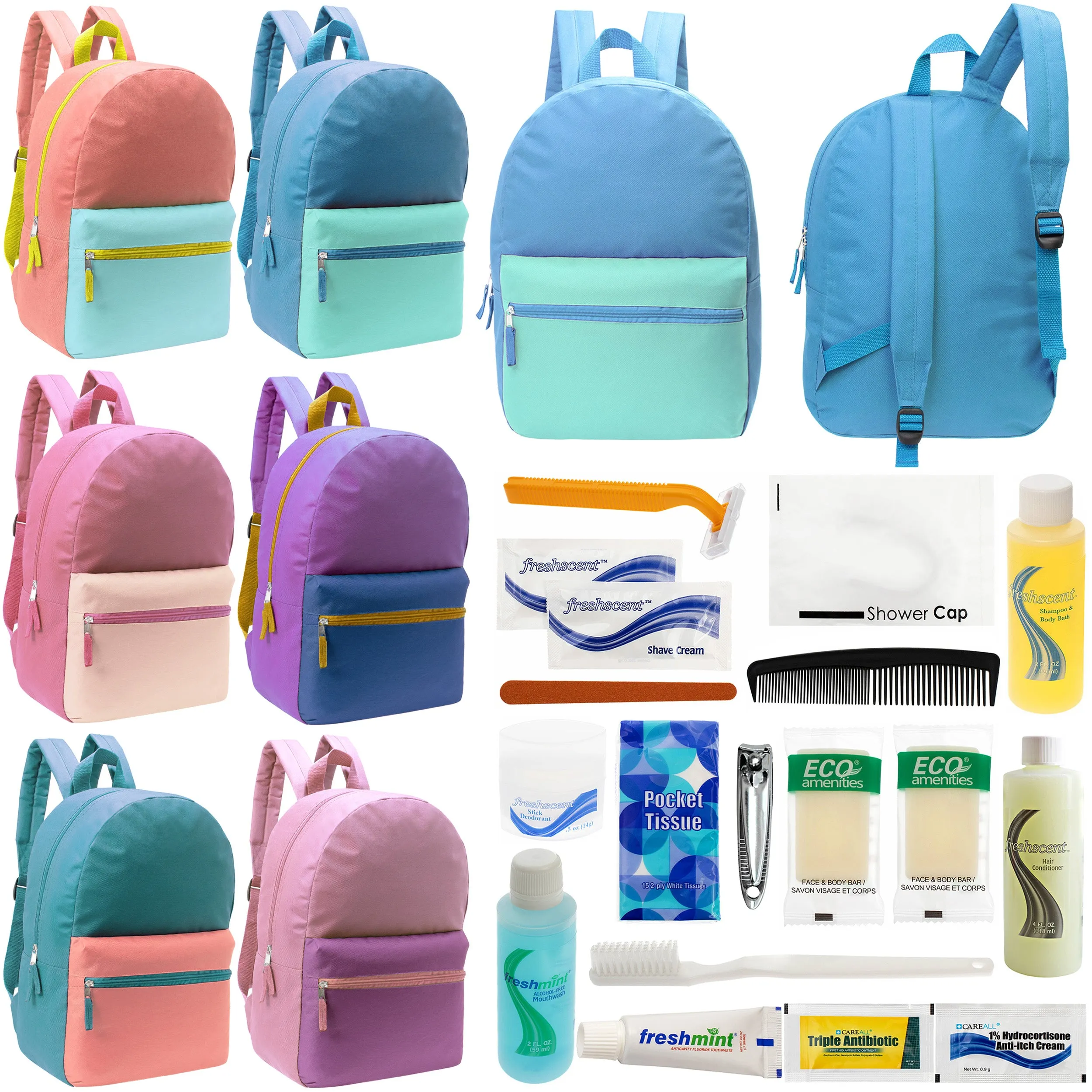 12 17" Two Tone Backpacks in 6 Color Combinations & Your Choice of 12 Bulk Hygiene Kits - Wholesale Care Package: Homeless, Emergency, Charity