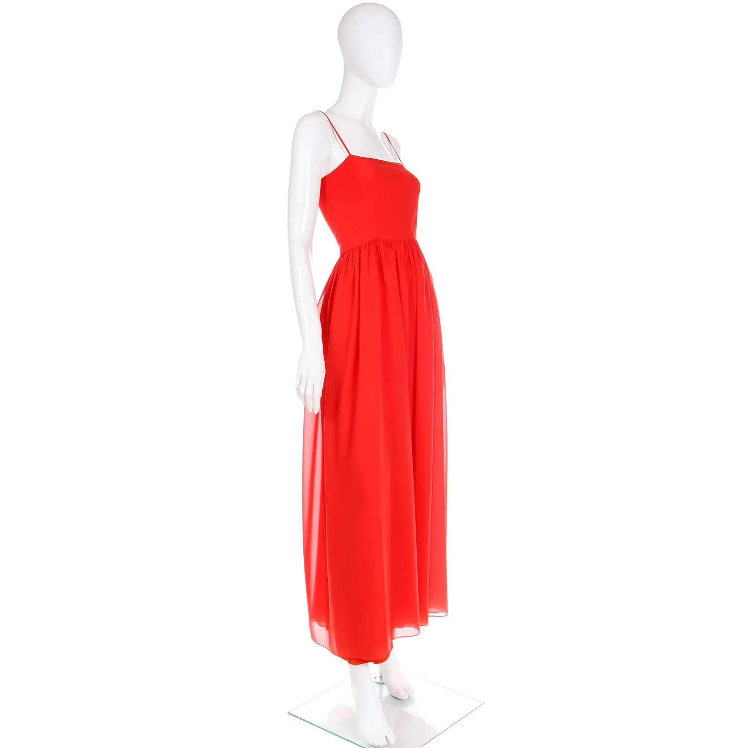 1970s Lanvin Boutique Paris Vintage Red Silk Maxi Evening Dress