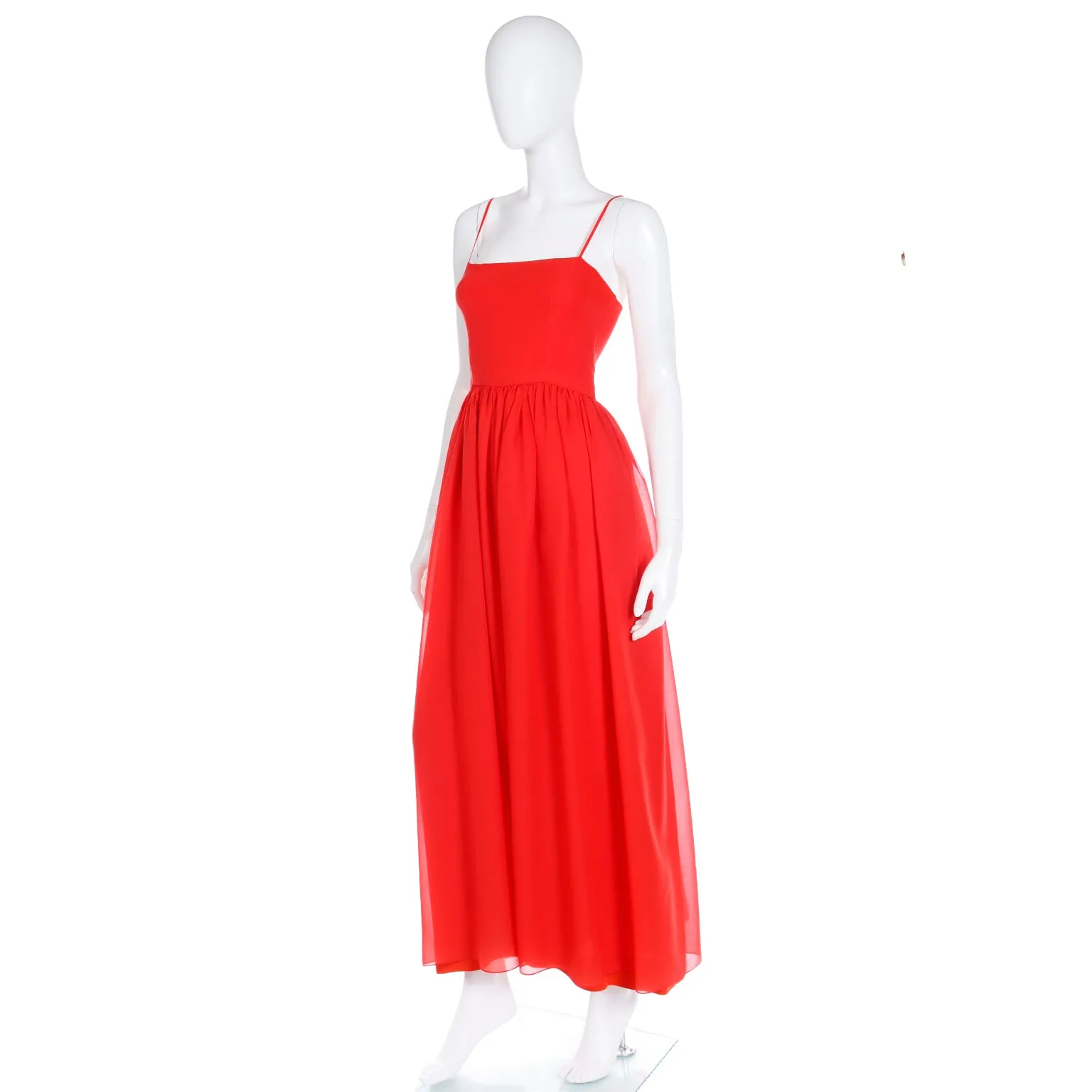 1970s Lanvin Boutique Paris Vintage Red Silk Maxi Evening Dress