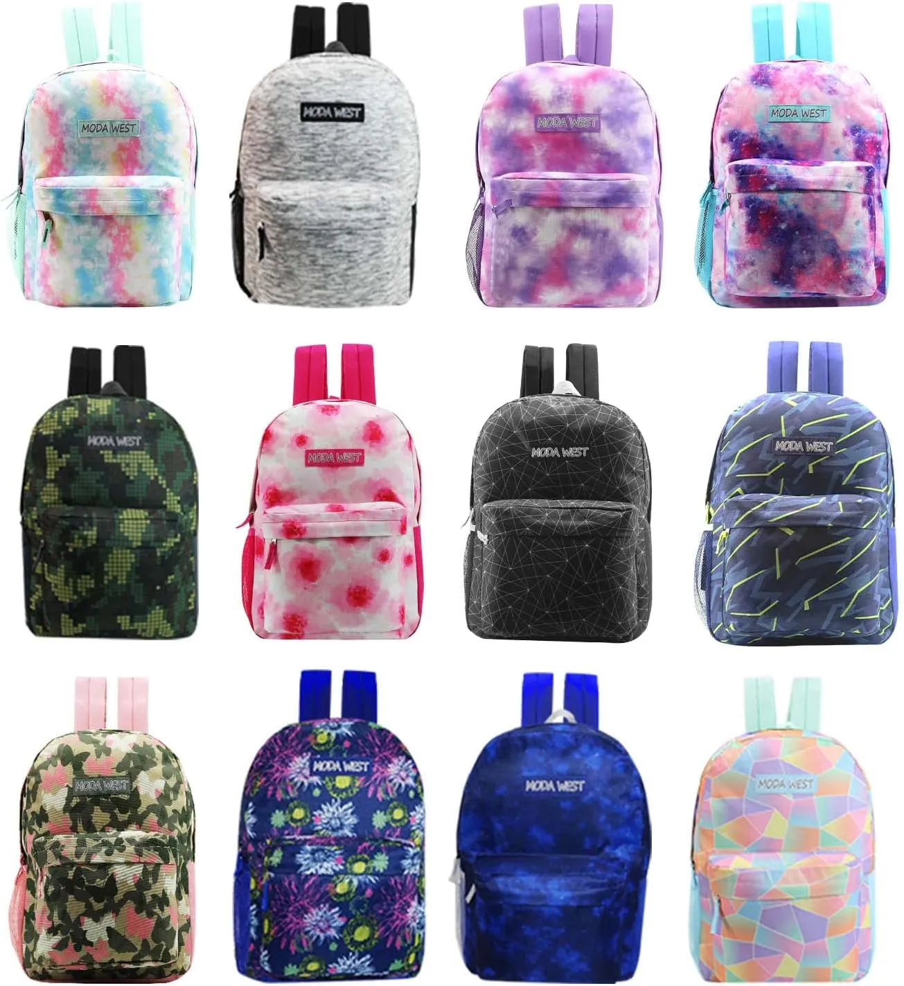 24 Pack of 17" Premium and Classic Style Wholesale Backpack in Assorted Colors and Prints - Bulk Case of 24