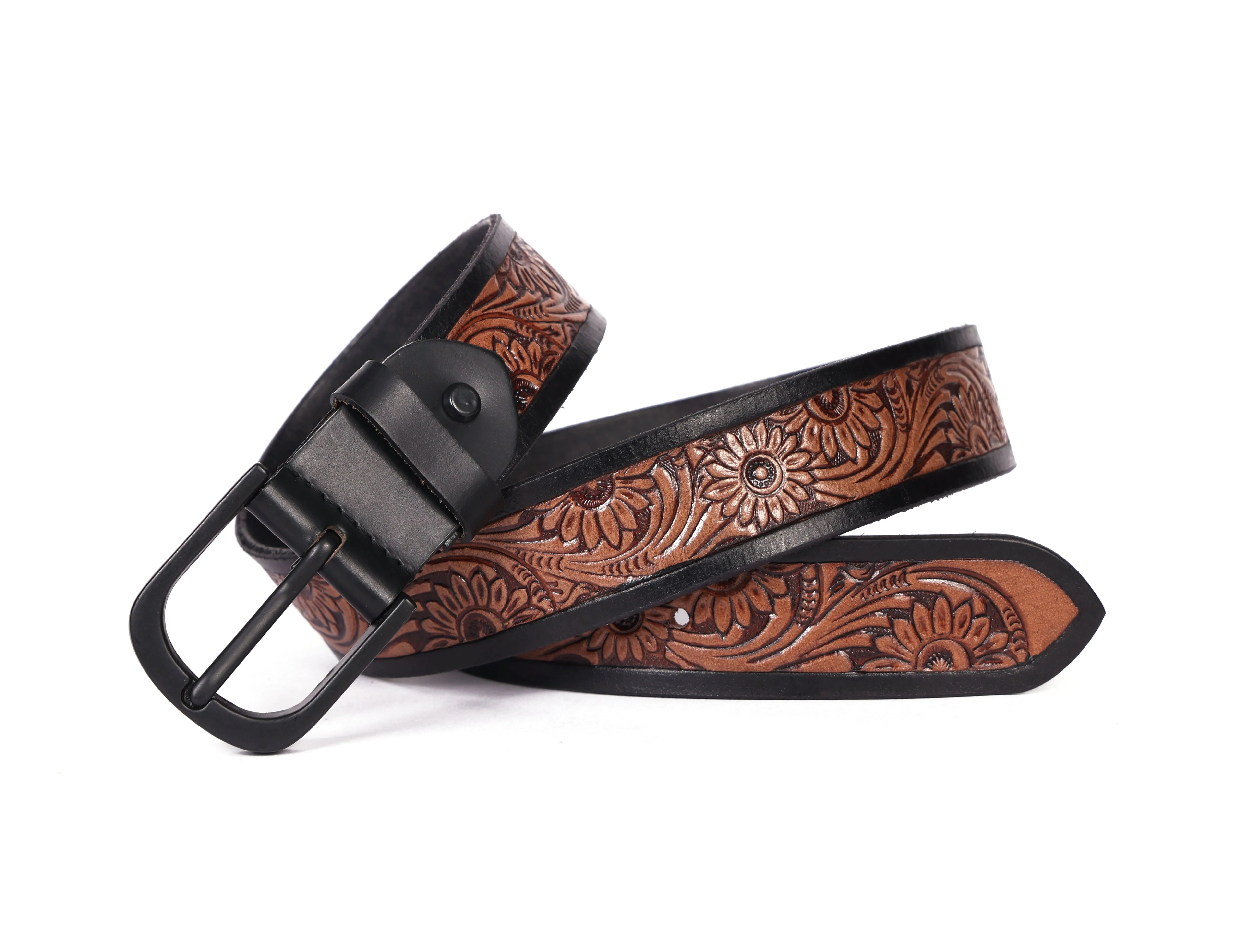 Exquisite Hand-Carved Leather Belt with Black Buckle, Crafted in India, Art: LB-804