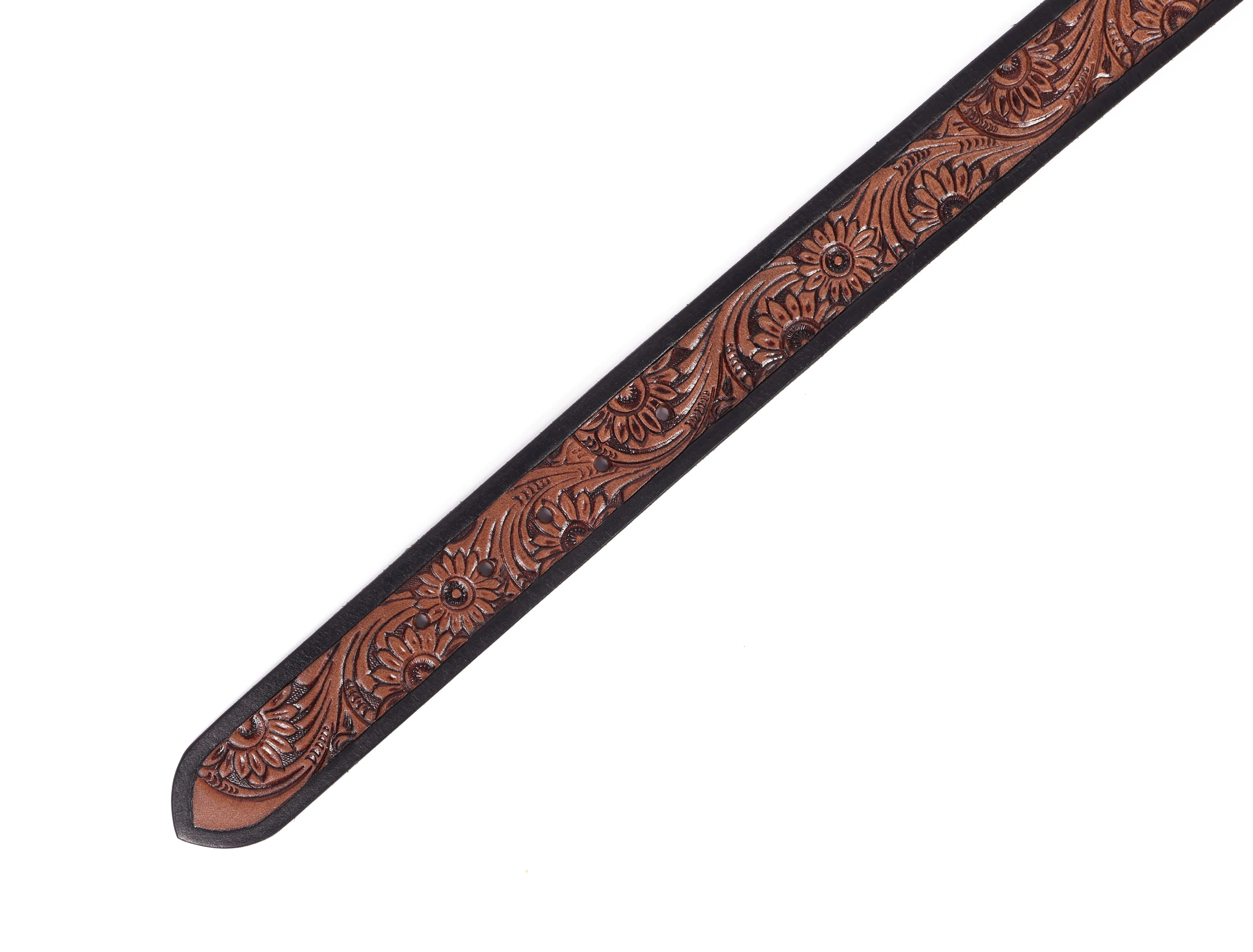 Exquisite Hand-Carved Leather Belt with Black Buckle, Crafted in India, Art: LB-804