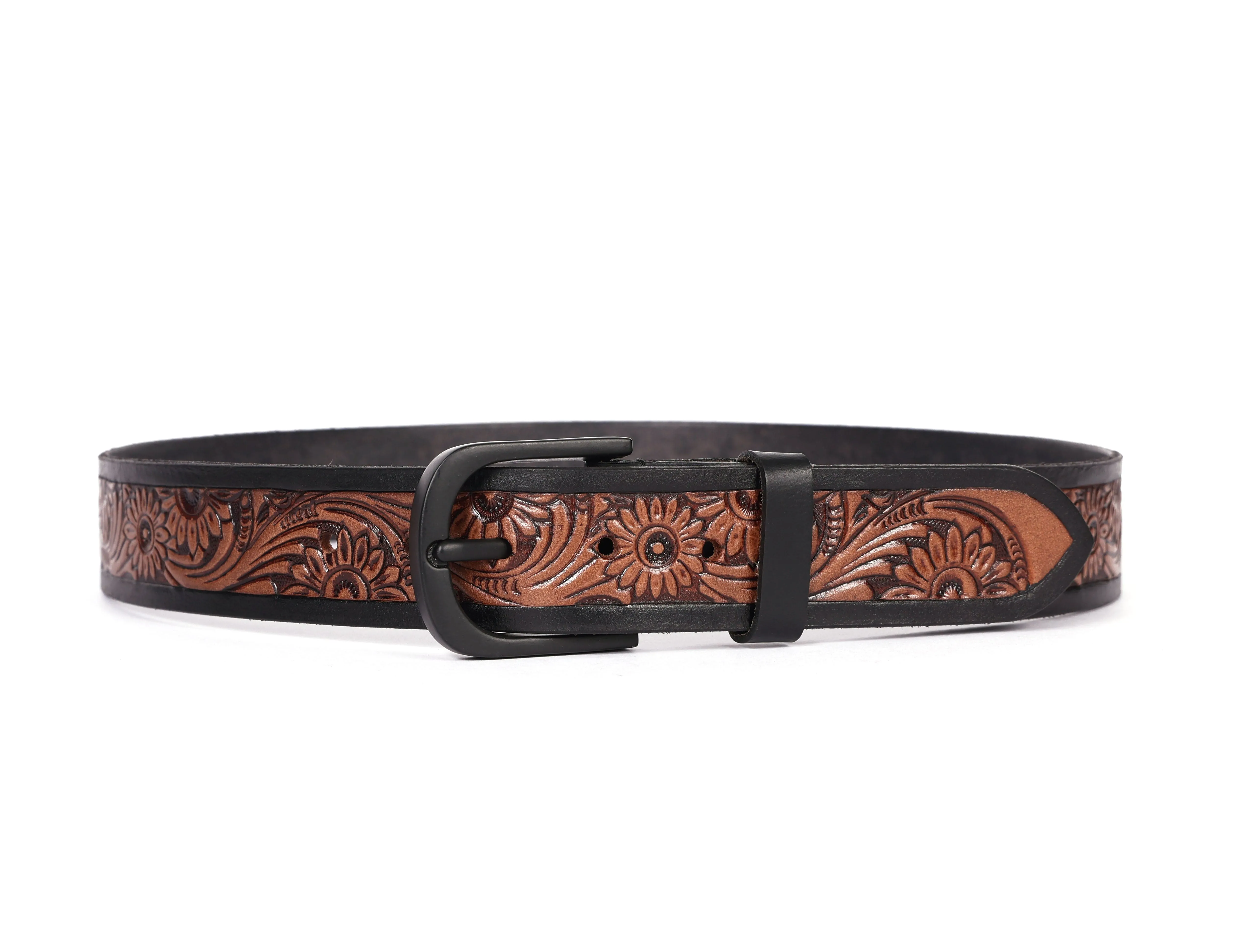 Exquisite Hand-Carved Leather Belt with Black Buckle, Crafted in India, Art: LB-804