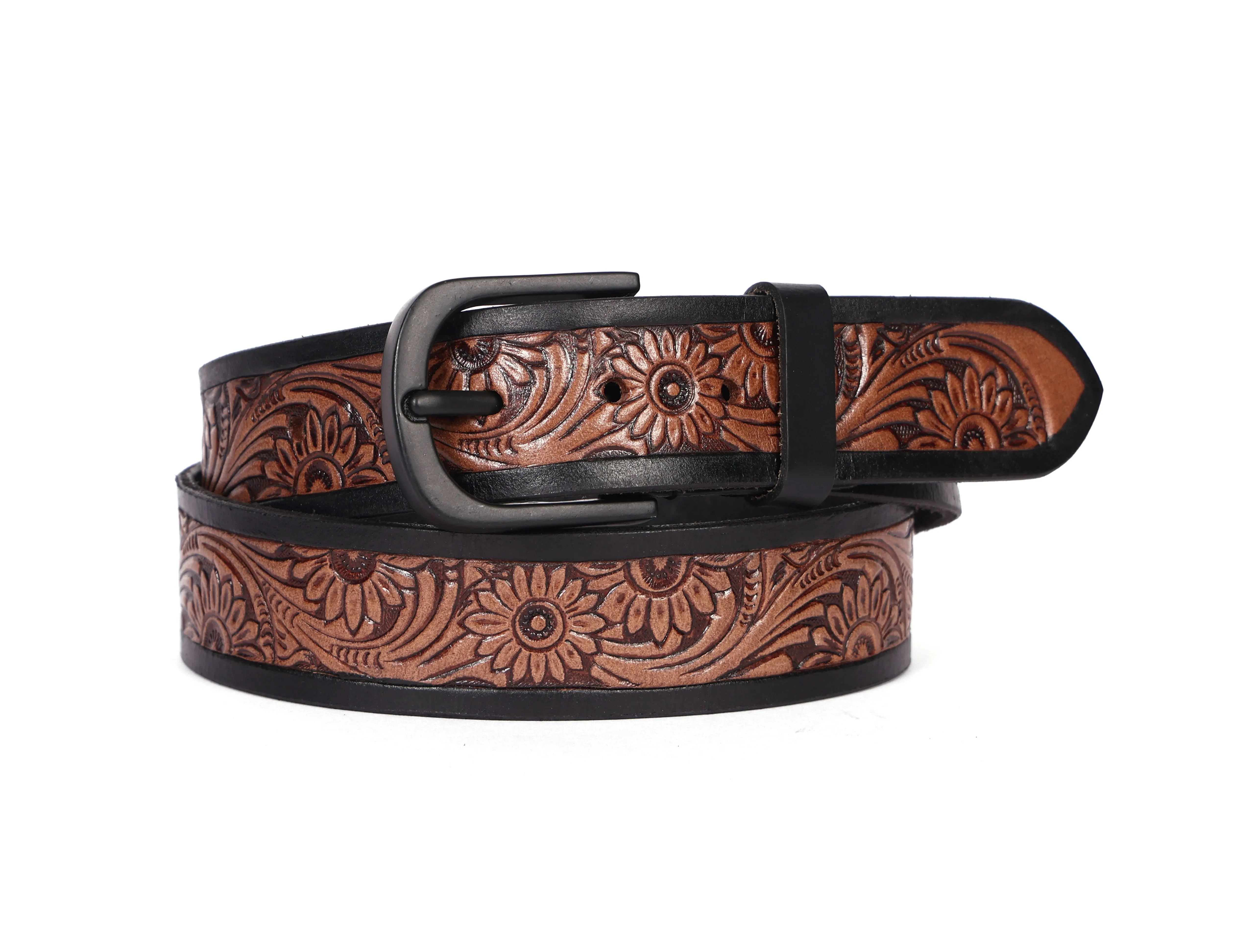 Exquisite Hand-Carved Leather Belt with Black Buckle, Crafted in India, Art: LB-804