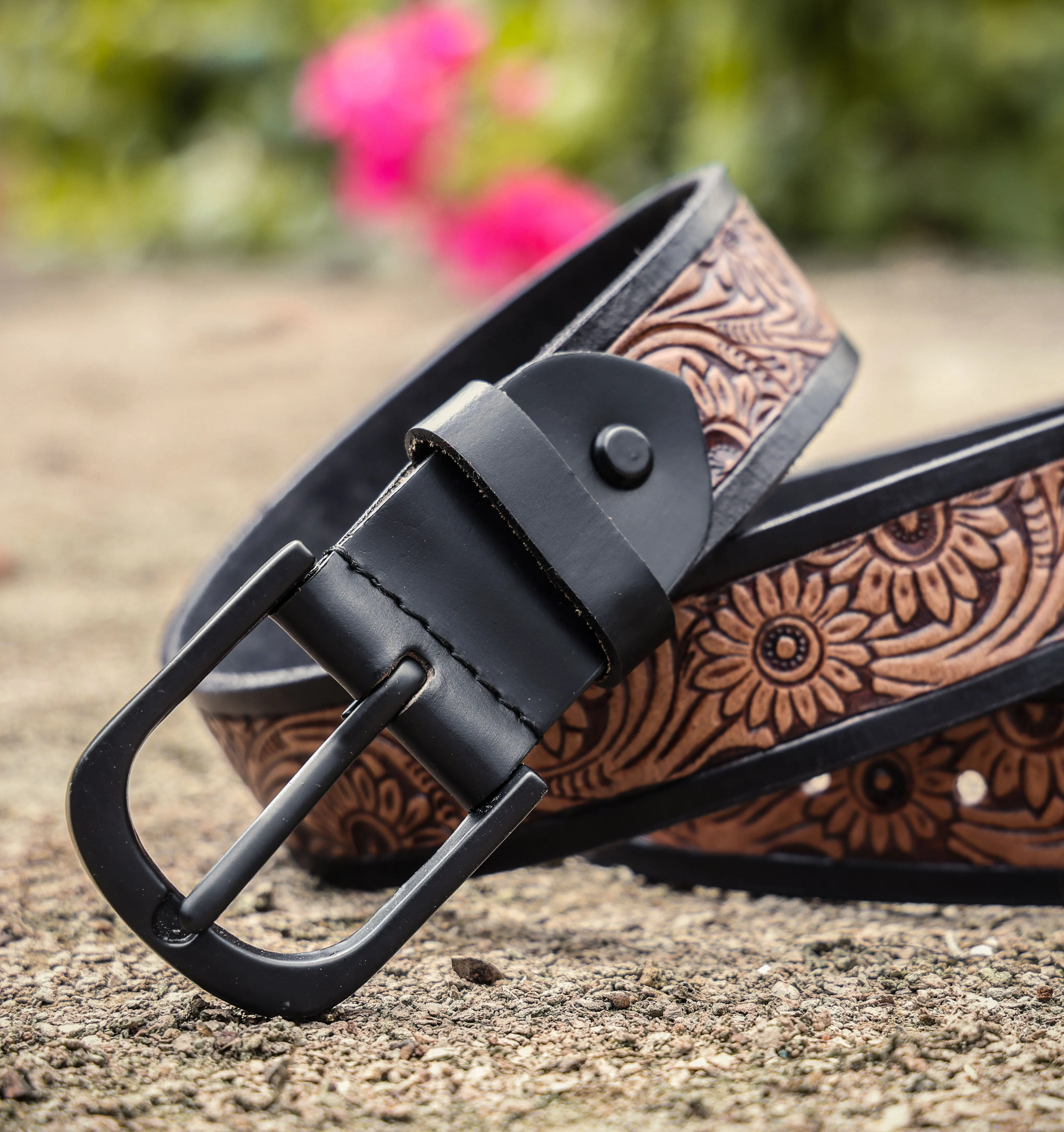 Exquisite Hand-Carved Leather Belt with Black Buckle, Crafted in India, Art: LB-804