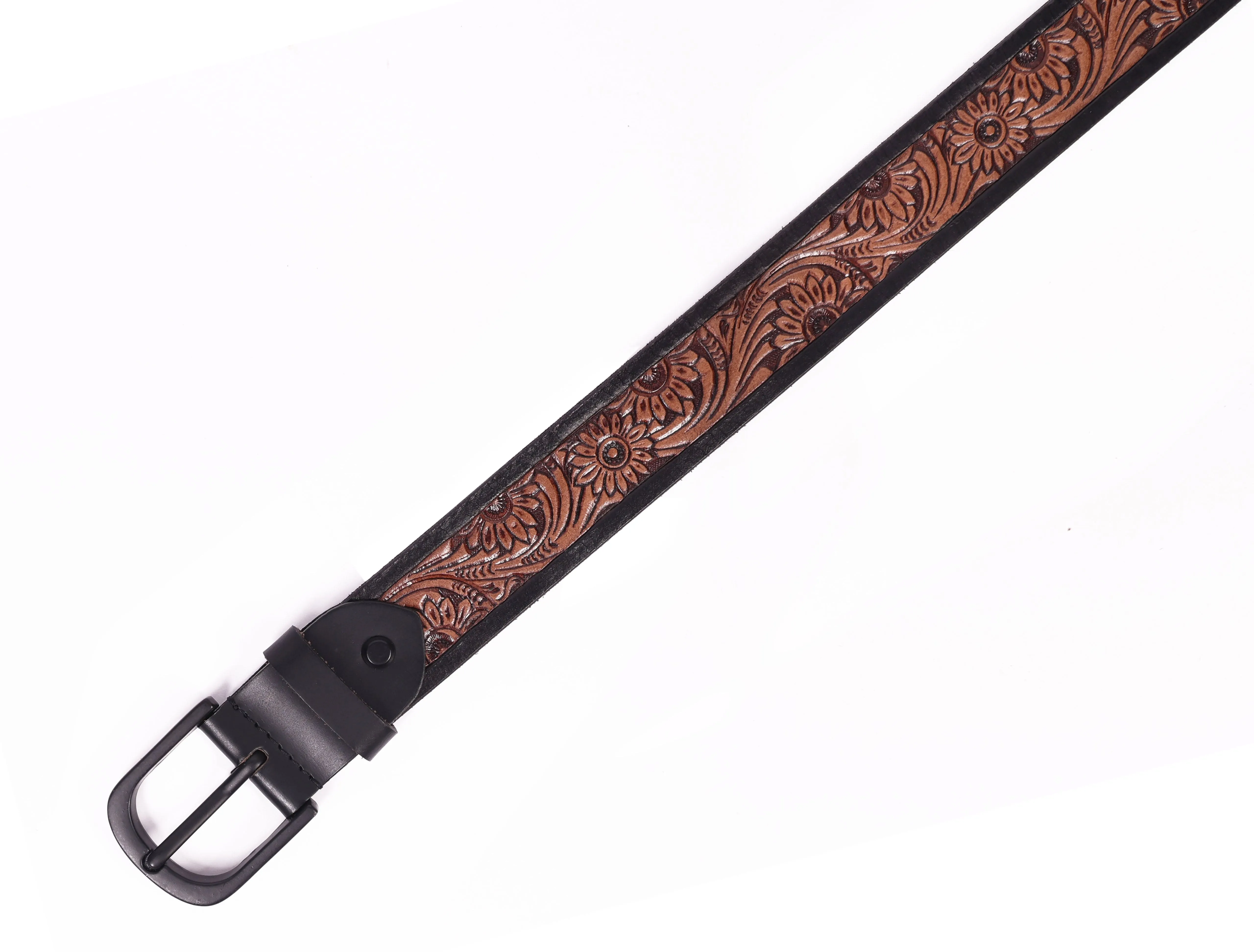 Exquisite Hand-Carved Leather Belt with Black Buckle, Crafted in India, Art: LB-804