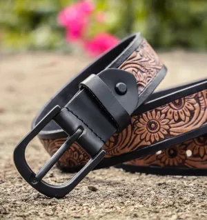 Exquisite Hand-Carved Leather Belt with Black Buckle, Crafted in India, Art: LB-804