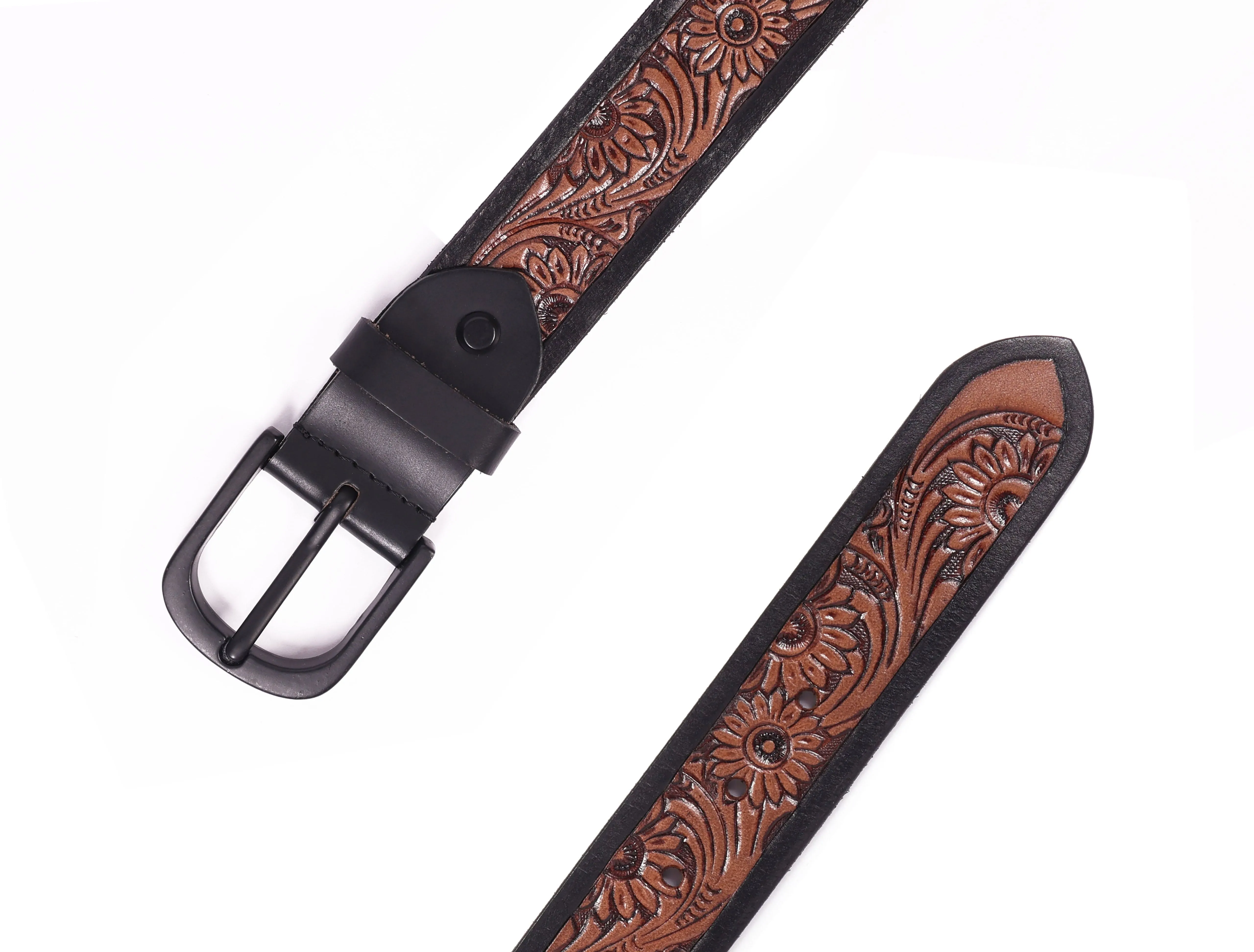 Exquisite Hand-Carved Leather Belt with Black Buckle, Crafted in India, Art: LB-804