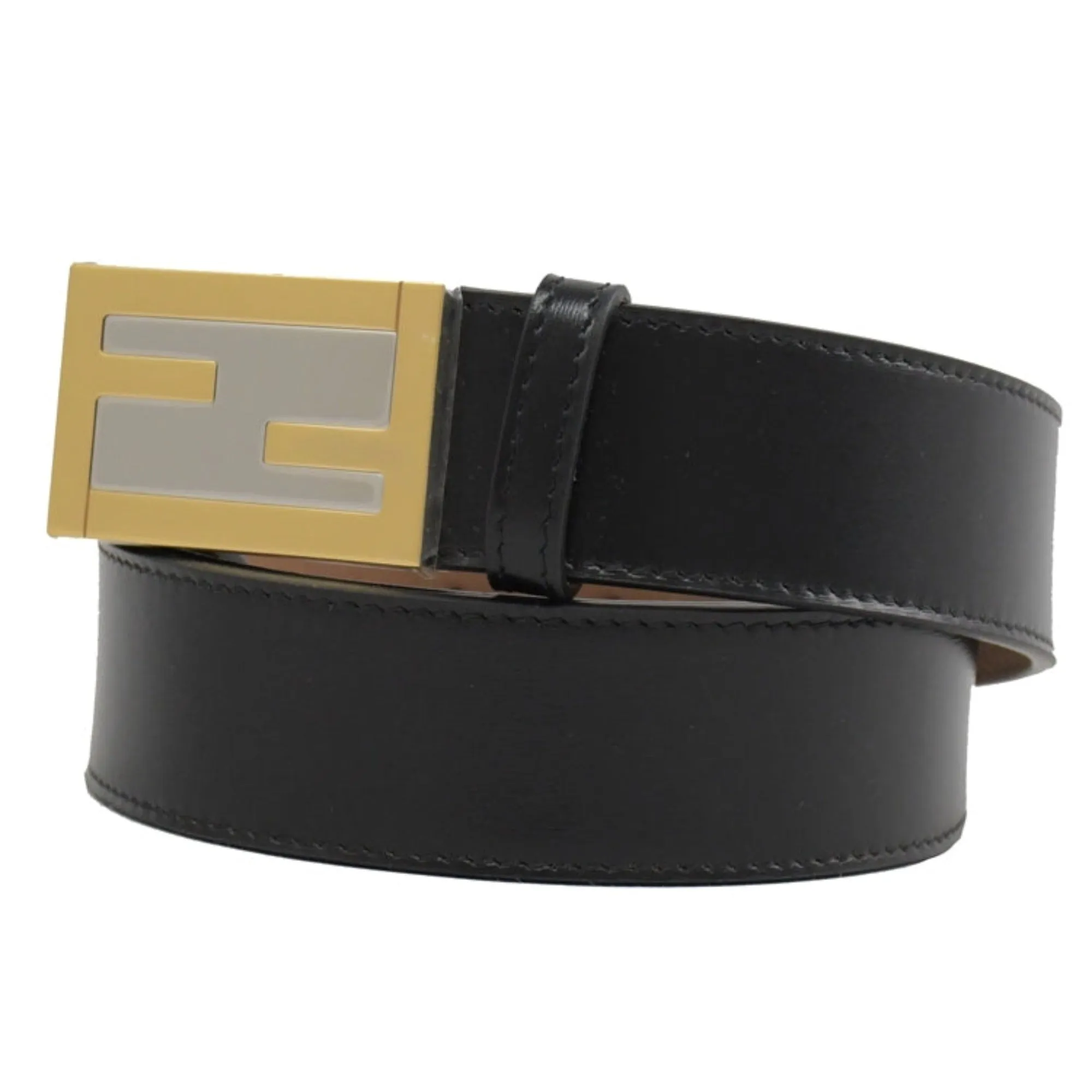 Fendi Mens Black Smooth Calf Leather Gold Logo Buckle 110