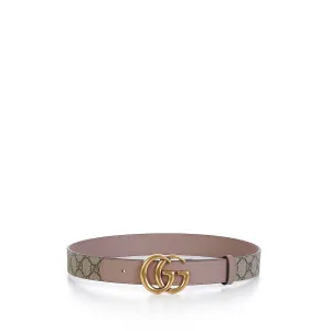 GG Thin Marmont Belt In Beige GG Supreme & Pink Leather