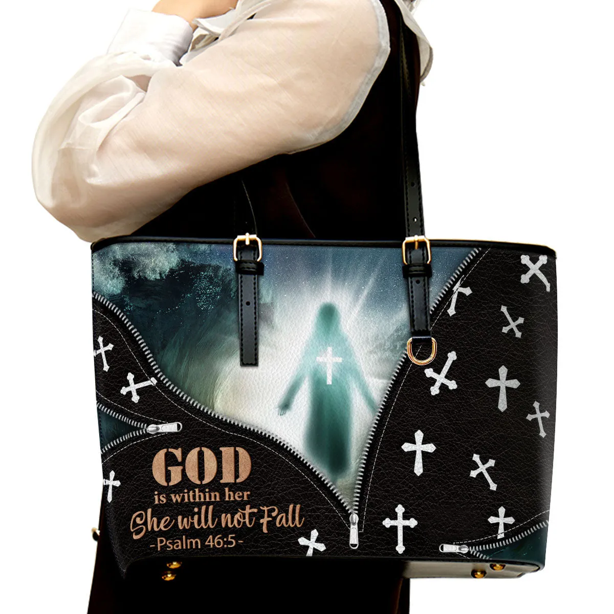 God Is Within Her She Will Not Fall Jesus Large Leather Tote Bag - Christ Gifts For Religious Women - Best Mother's Day Gifts