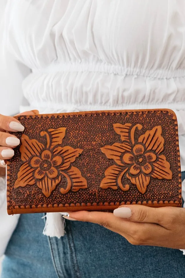 HAND TOOLED FLOWER FLAT WALLET VINTAGE BROWN