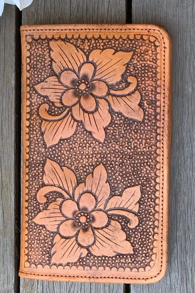 HAND TOOLED FLOWER FLAT WALLET VINTAGE BROWN