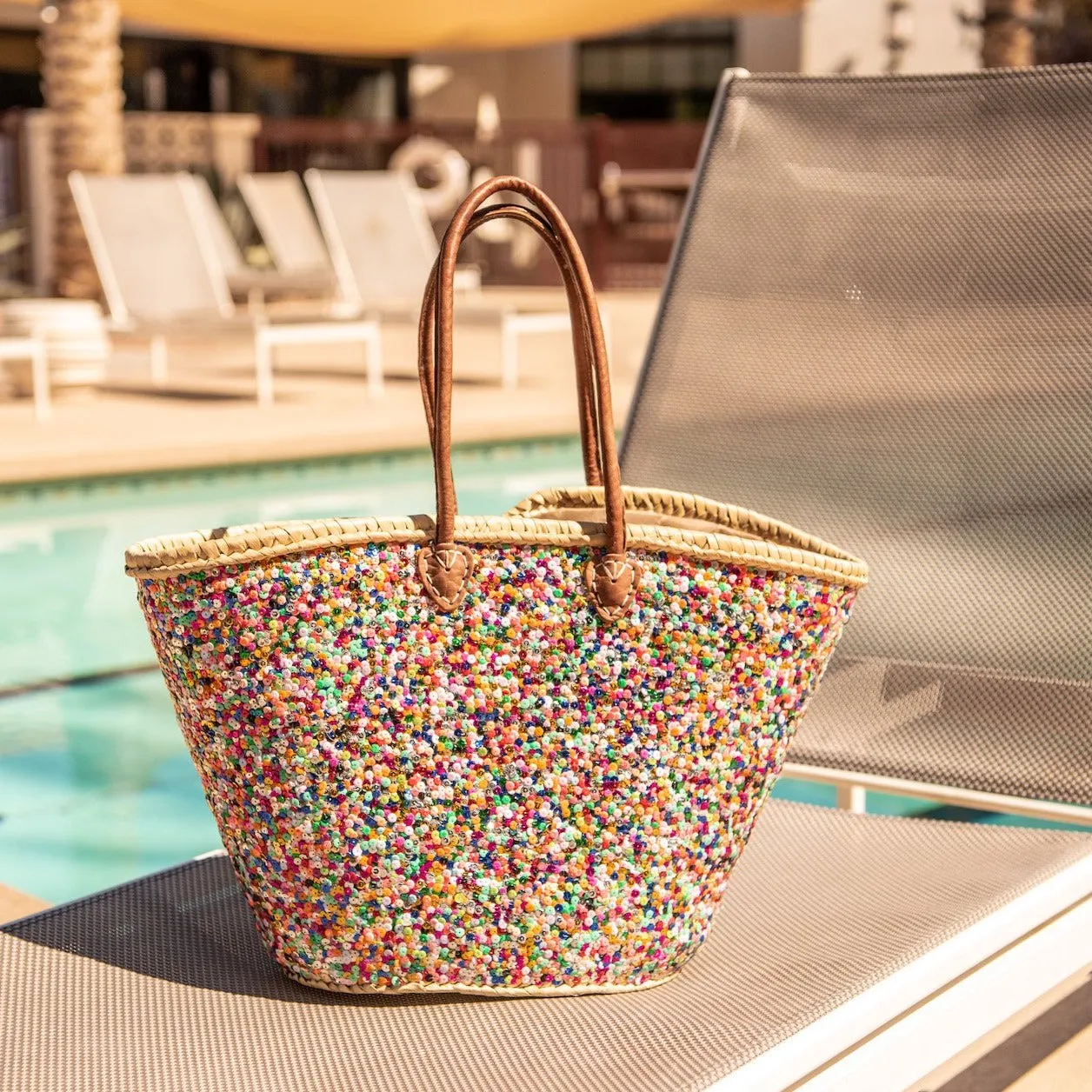 Large Straw Tote with Multi-Colored Sequins