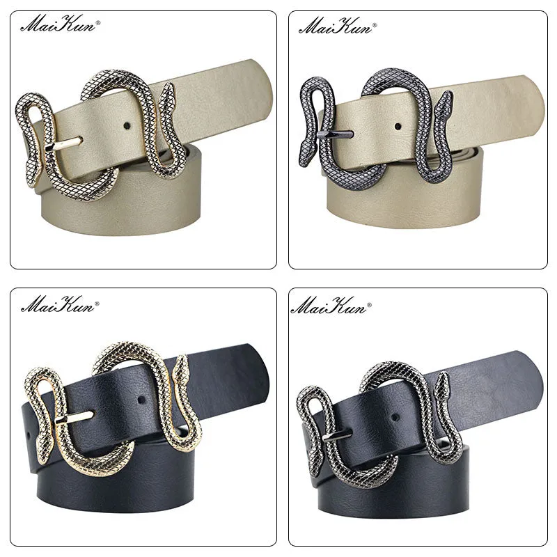 Maikun Belts for Women Snake Shape Pin Buckle Belt High Quality Leather Women Belt PU Waistband