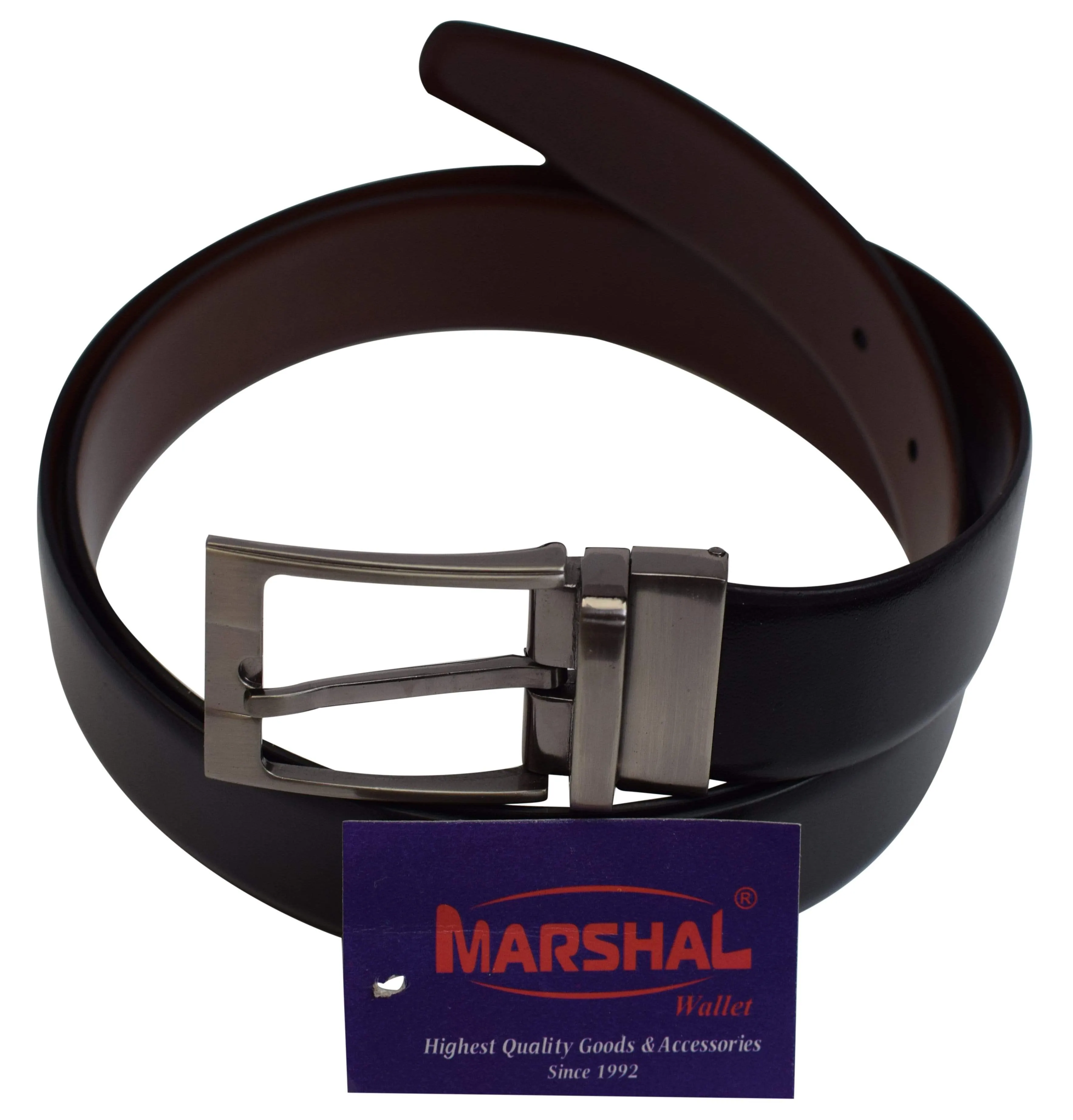 Marshal Men's Genuine Leather Reversible Belt with Rotated Buckle Black & Brown New