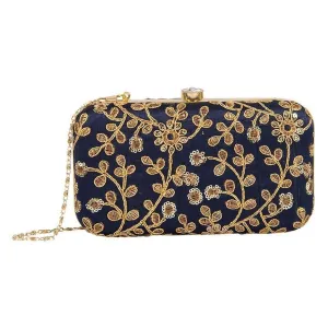 Navy Blue Colored Handcrafted Partywear Zari Embroidered Clutch