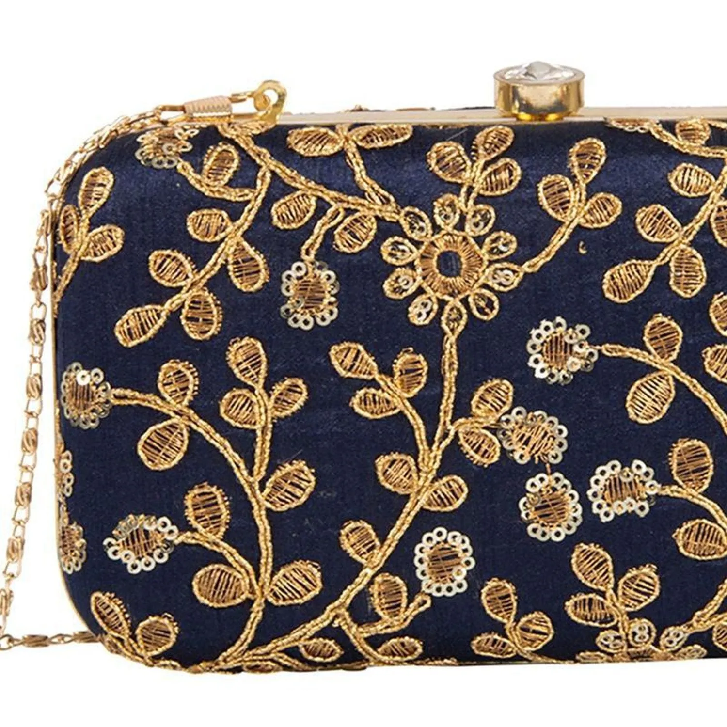 Navy Blue Colored Handcrafted Partywear Zari Embroidered Clutch