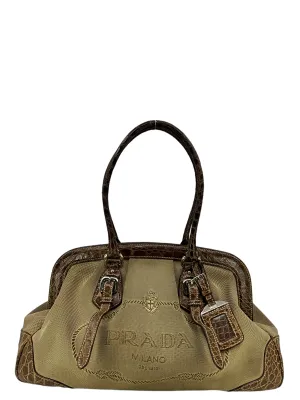 Prada Canvas And Brown Crocodile Handbag