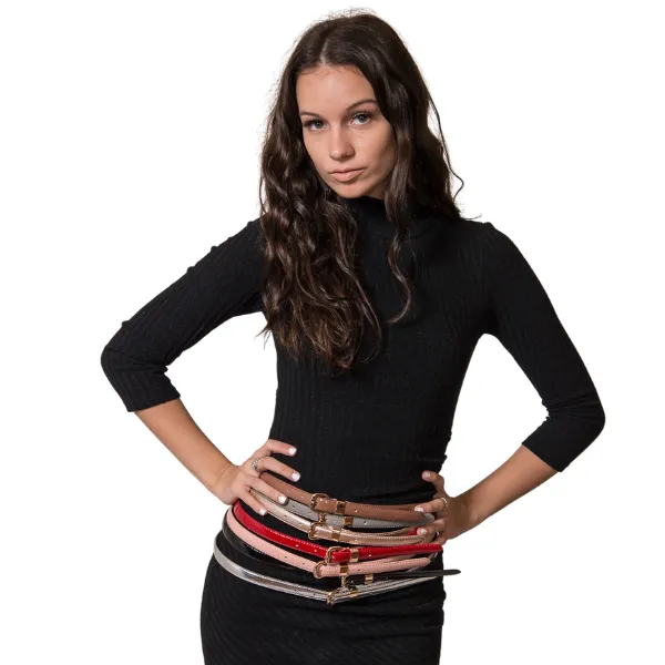 QUEENS PARK - Patent Genuine Leather Red Skinny Belt Gold Buckle