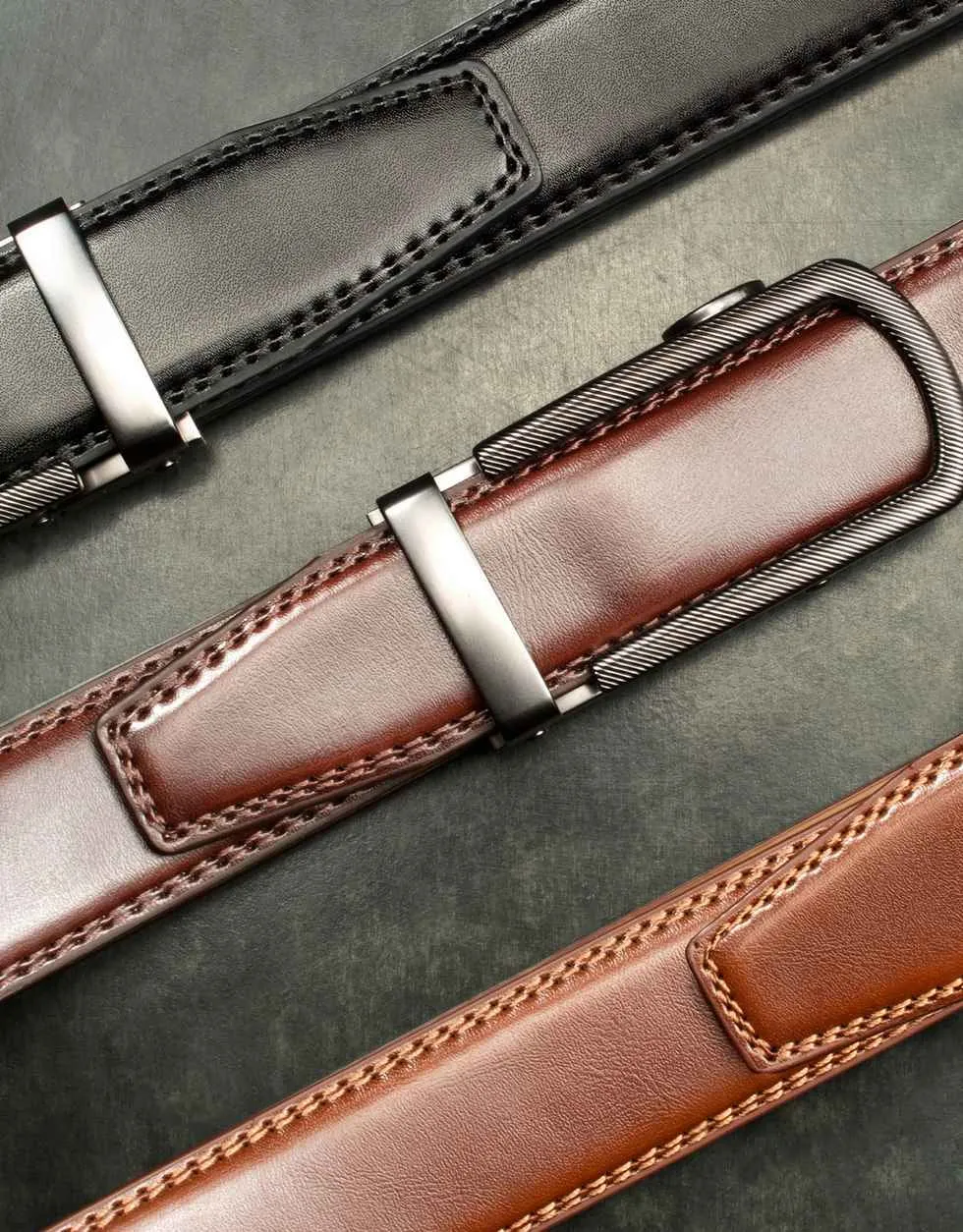 Ribbed Metal Leather Ratchet Belt