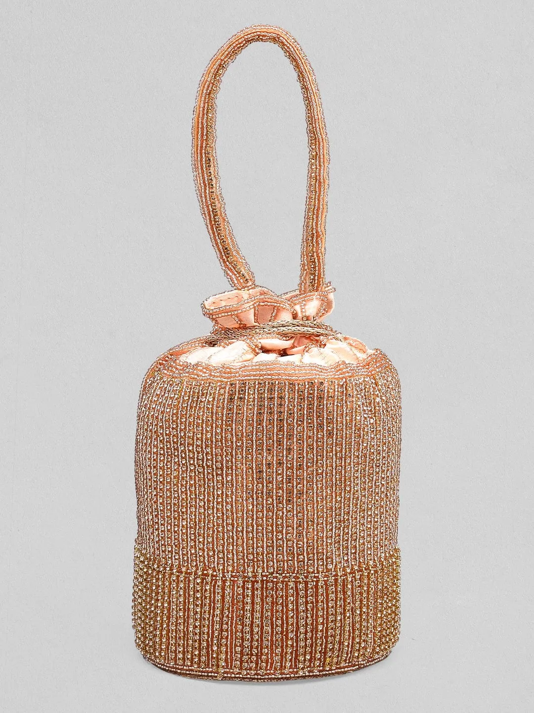 Rubans Peach Coloured Potli Bag With Golden Embroided Design.