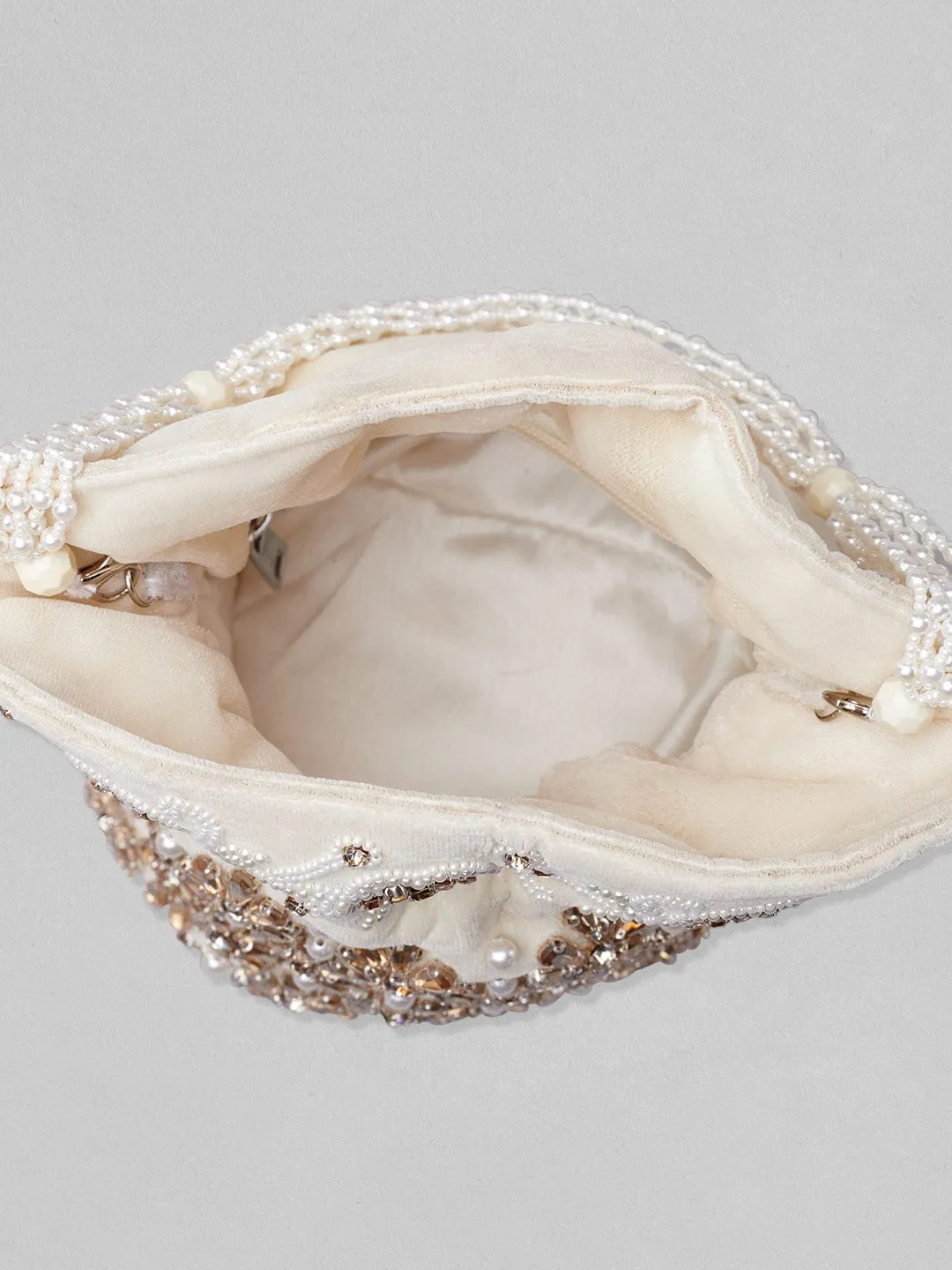 Rubans White And Golden Coloured Potli Bag With Embroided Design And Pearls.