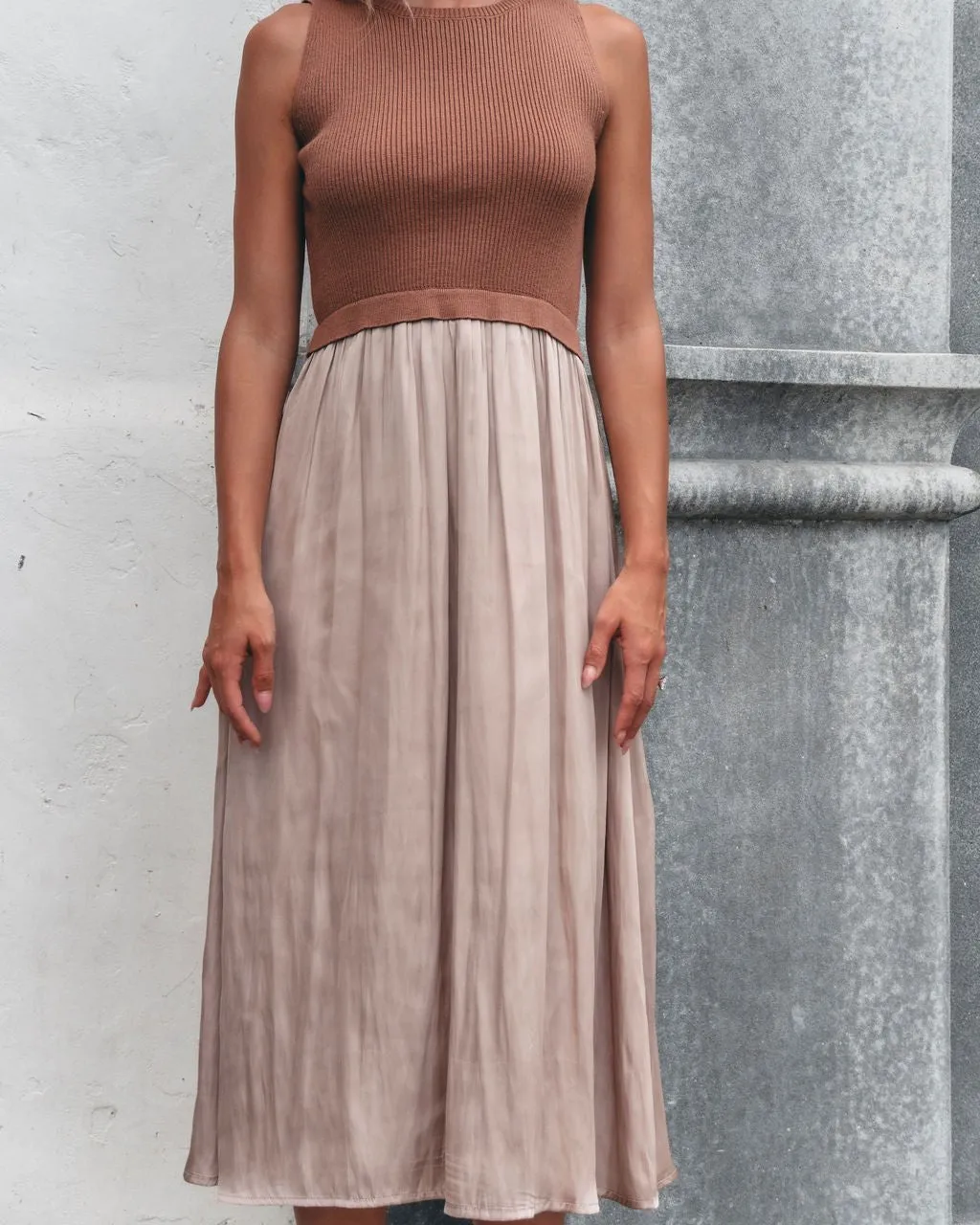 Sleeveless Half Sweater and Satin Skirt Midi Dress - Mocha