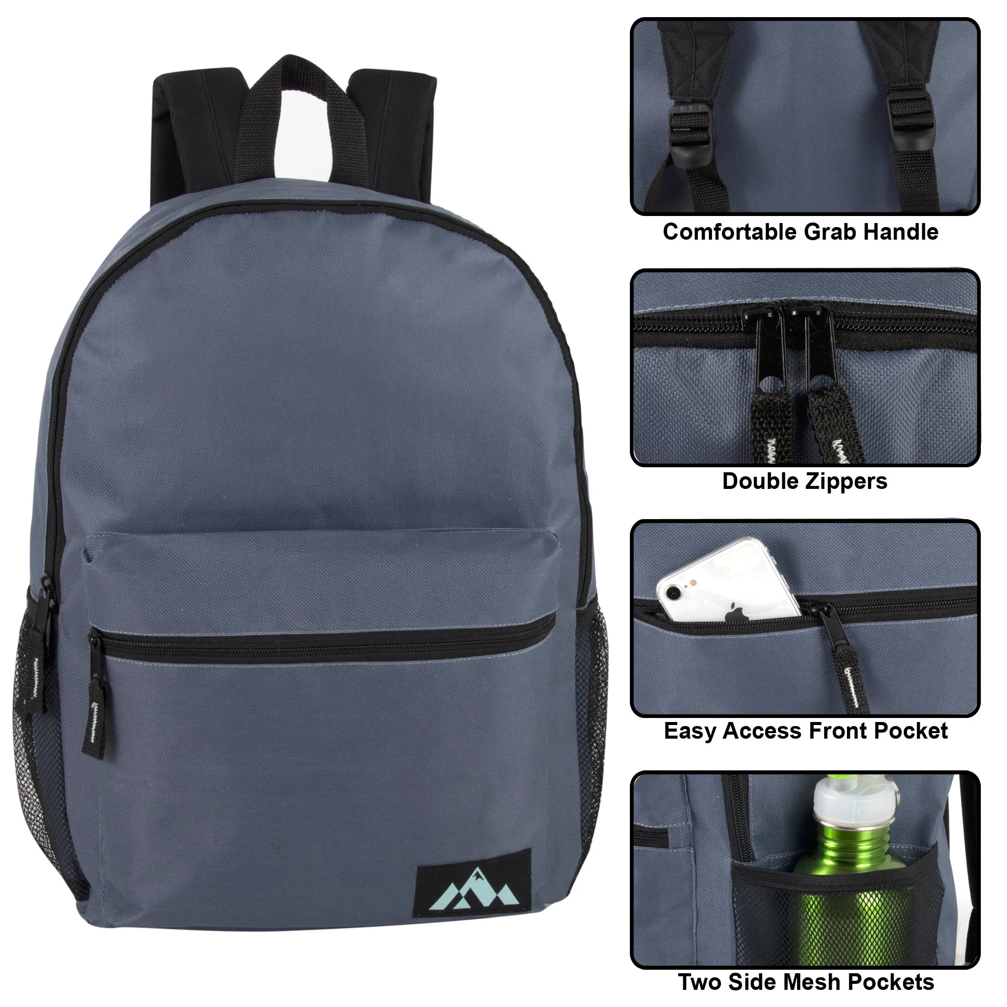 Wholesale 46cm Backpack 25L Capacity With Side Pocket - 5 Dark Colours